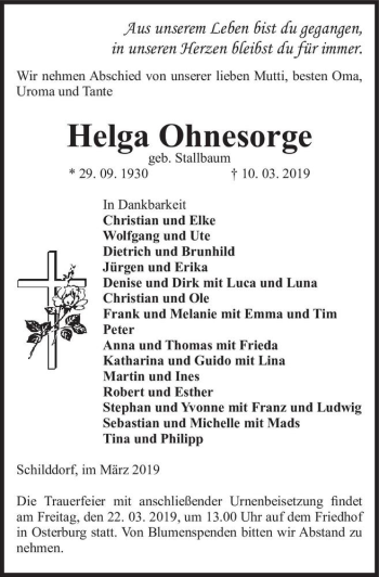 Traueranzeige von Helga Ohnesorge (geb. Stallbaum)  von Magdeburger Volksstimme