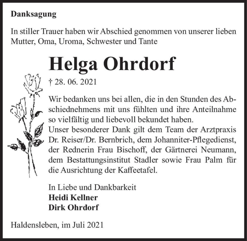  Traueranzeige für Helga Ohrdorf  vom 31.07.2021 aus Magdeburger Volksstimme