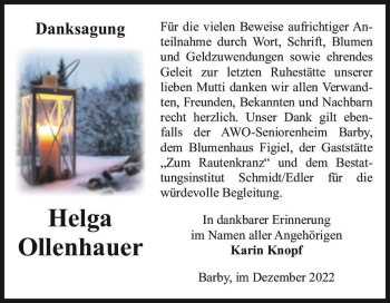 Traueranzeige von Helga Ollenhauer  von Magdeburger Volksstimme