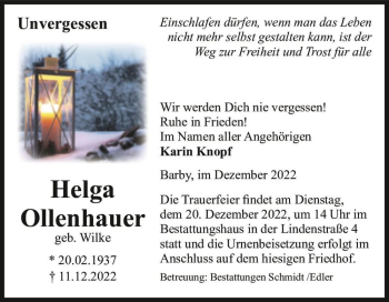 Traueranzeige von Helga Ollenhauer  von Magdeburger Volksstimme