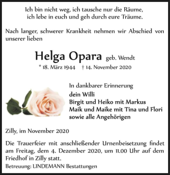 Traueranzeige von Helga Opara (geb. Wendt)  von Magdeburger Volksstimme