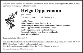 Traueranzeige von Helga Oppermann (geb. Denecke)  von Magdeburger Volksstimme