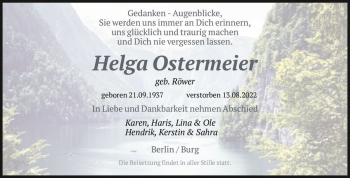 Traueranzeige von Helga Ostermeier (geb. Röwer)  von Magdeburger Volksstimme
