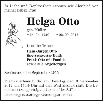 Traueranzeige von Helga Otto (geb. Müller)  von Magdeburger Volksstimme