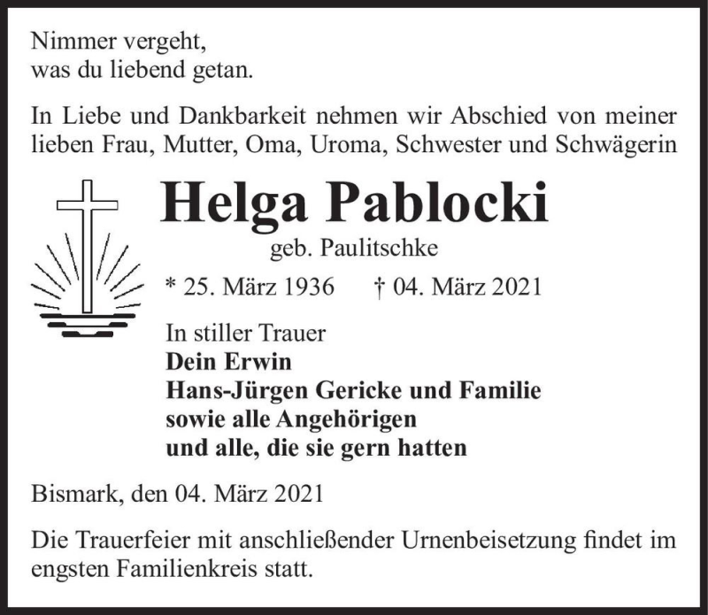  Traueranzeige für Helga Pablocki (geb. Paulitschke)  vom 10.03.2021 aus Magdeburger Volksstimme
