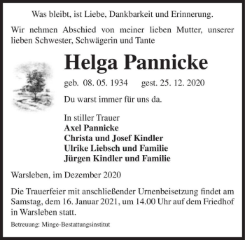 Traueranzeige von Helga Pannicke  von Magdeburger Volksstimme