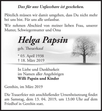 Traueranzeige von Helga Papsin (geb. Theuerkauf)  von Magdeburger Volksstimme