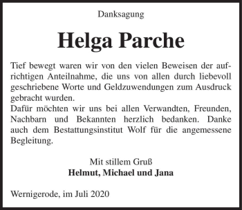 Traueranzeige von Helga Parche  von Magdeburger Volksstimme