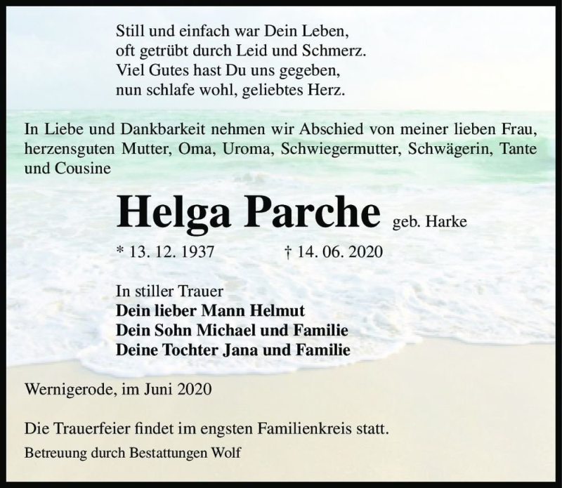  Traueranzeige für Helga Parche (geb. Harke)  vom 20.06.2020 aus Magdeburger Volksstimme
