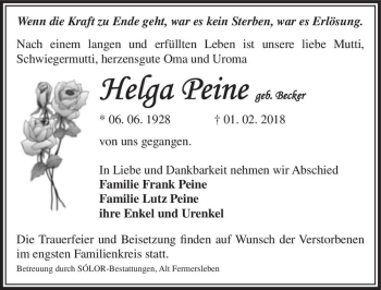 Traueranzeige von Helga Peine (geb. Becker)  von Magdeburger Volksstimme
