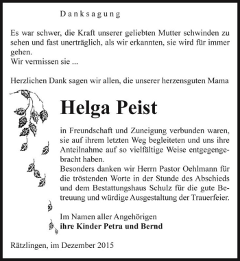Traueranzeige von Helga Peist  von Magdeburger Volksstimme