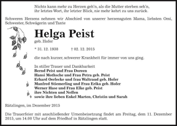 Traueranzeige von Helga Peist (geb. Hofer)  von Magdeburger Volksstimme