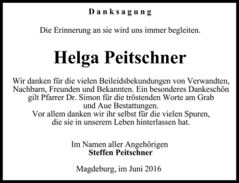 Traueranzeige von Helga Peitschner  von Magdeburger Volksstimme