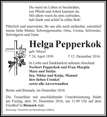 Traueranzeige von Helga Pepperkok (geb. Meyer)  von Magdeburger Volksstimme