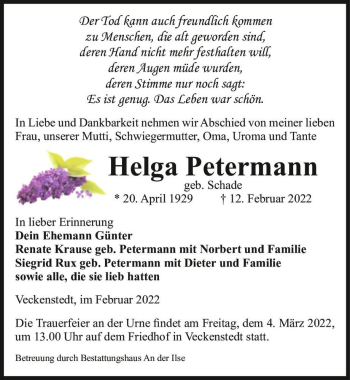 Traueranzeige von Helga Petermann (geb. Schade)  von Magdeburger Volksstimme