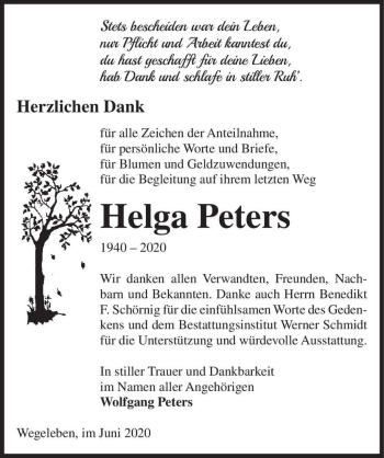 Traueranzeige von Helga Peters  von Magdeburger Volksstimme