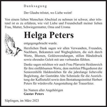 Traueranzeige von Helga Peters  von Magdeburger Volksstimme