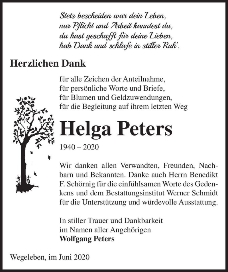  Traueranzeige für Helga Peters  vom 27.06.2020 aus Magdeburger Volksstimme