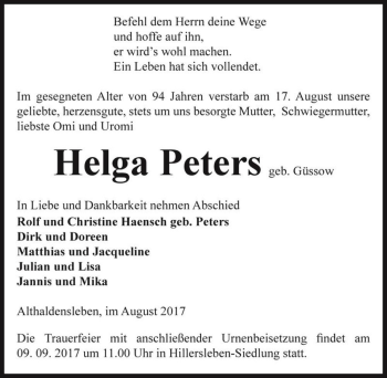 Traueranzeige von Helga Peters (geb. Güssow)  von Magdeburger Volksstimme