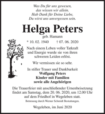 Traueranzeige von Helga Peters (geb. Hamann)  von Magdeburger Volksstimme