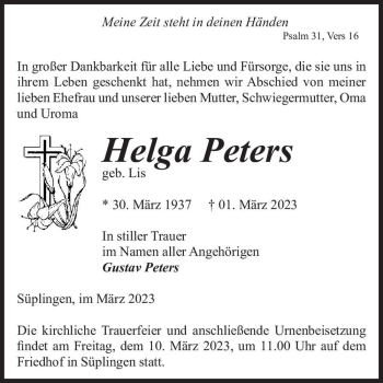 Traueranzeige von Helga Peters (geb. Lis)  von Magdeburger Volksstimme