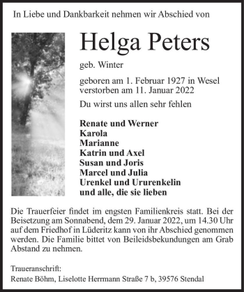 Traueranzeige von Helga Peters (geb. Winter)  von Magdeburger Volksstimme