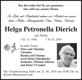 Traueranzeige von Helga Petronella Dierich (geb. Fiebig)  von Magdeburger Volksstimme