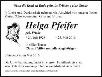 Traueranzeige von Helga Pfeifer (geb. Fricke)  von Magdeburger Volksstimme