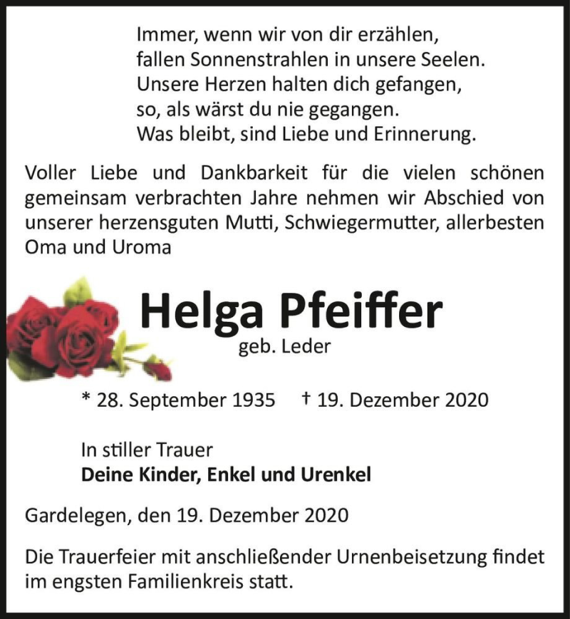  Traueranzeige für Helga Pfeiffer (geb. Leder)  vom 23.12.2020 aus Magdeburger Volksstimme