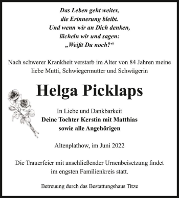 Traueranzeige von Helga Picklaps  von Magdeburger Volksstimme