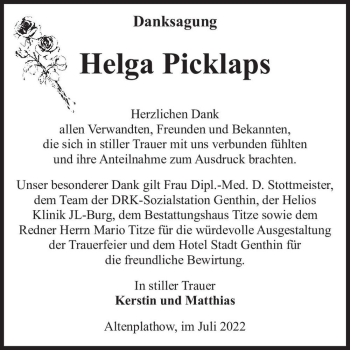 Traueranzeige von Helga Picklaps  von Magdeburger Volksstimme