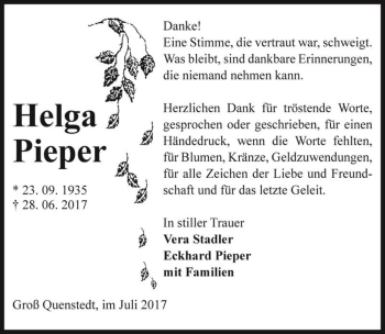 Traueranzeige von Helga Pieper  von Magdeburger Volksstimme