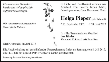 Traueranzeige von Helga Pieper (geb. Schmidt)  von Magdeburger Volksstimme