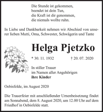 Traueranzeige von Helga Pjetzko  von Magdeburger Volksstimme