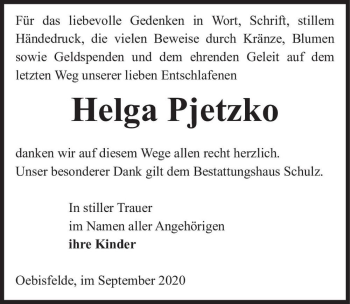 Traueranzeige von Helga Pjetzko  von Magdeburger Volksstimme