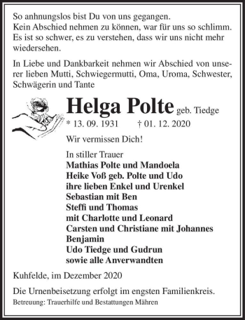 Traueranzeige von Helga Polte (geb. Tiedge)  von Magdeburger Volksstimme