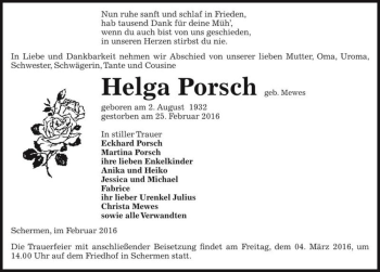Traueranzeige von Helga Porsch (geb. Mewes)  von Magdeburger Volksstimme