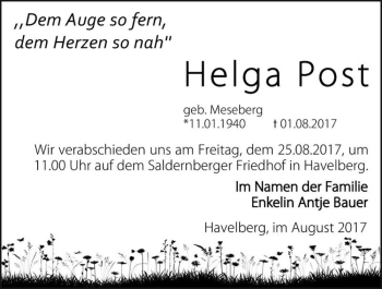 Traueranzeige von Helga Post (geb. Meseberg)  von Magdeburger Volksstimme