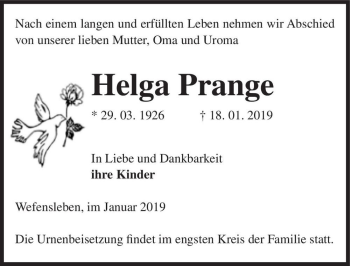 Traueranzeige von Helga Prange  von Magdeburger Volksstimme