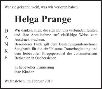 Traueranzeige von Helga Prange  von Magdeburger Volksstimme