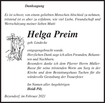 Traueranzeige von Helga Preim (geb. Lindecke)  von Magdeburger Volksstimme