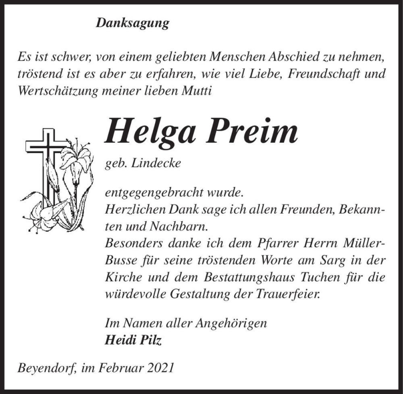  Traueranzeige für Helga Preim (geb. Lindecke)  vom 20.02.2021 aus Magdeburger Volksstimme