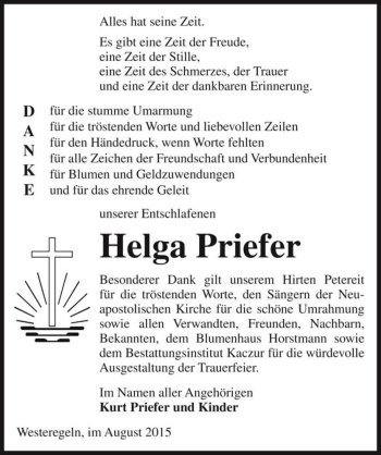 Traueranzeige von Helga Priefer  von Magdeburger Volksstimme
