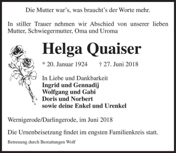 Traueranzeige von Helga Quaiser  von Magdeburger Volksstimme