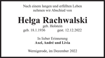 Traueranzeige von Helga Rachwalski (geb. Holstein)  von Magdeburger Volksstimme