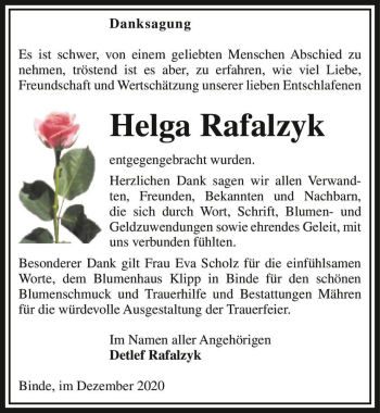 Traueranzeige von Helga Rafalzyk  von Magdeburger Volksstimme