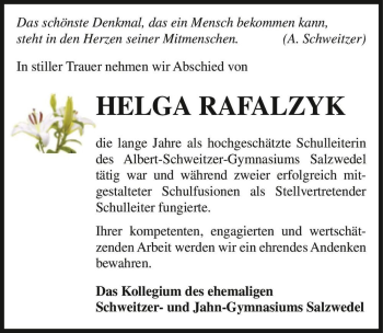 Traueranzeige von Helga Rafalzyk  von Magdeburger Volksstimme
