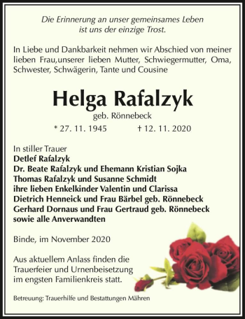 Traueranzeige von Helga Rafalzyk (geb. Rönnebeck)  von Magdeburger Volksstimme