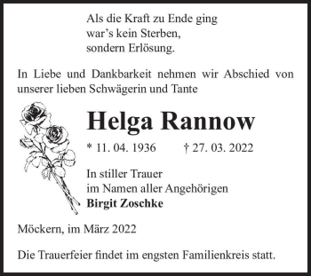 Traueranzeige von Helga Rannow  von Magdeburger Volksstimme