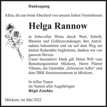 Traueranzeige von Helga Rannow  von Magdeburger Volksstimme